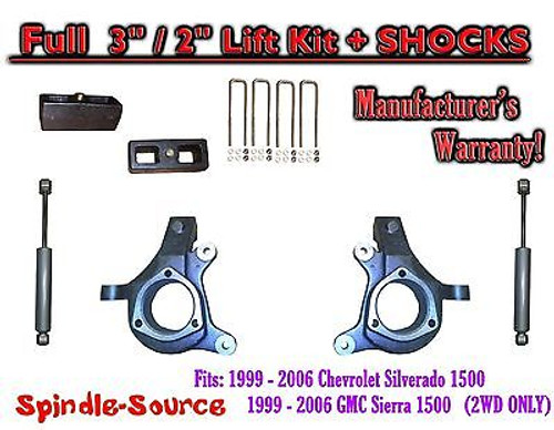 1999 - 2007 Chevy Silverado GMC Sierra 1500 Spindle 3" Lift Kit 3" / 2" + SHOCKS