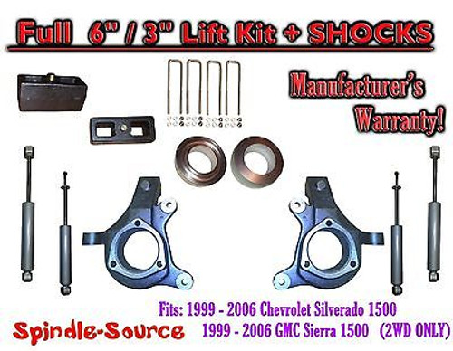 1999 - 2007 Chevy Silverado GMC Sierra 1500 Spindle 6" Lift Kit 6" / 3" + SHOCKS