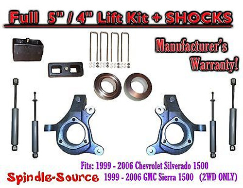 1999 - 2007 Chevy Silverado GMC Sierra 1500 Spindle 5" Lift Kit 5" / 4" + SHOCKS