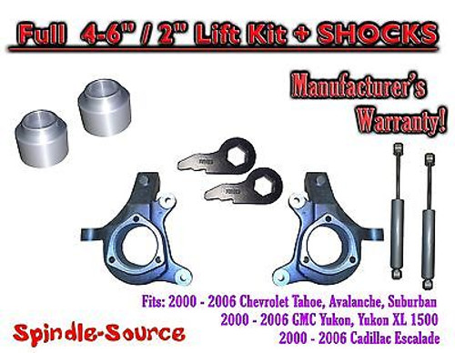 2000 - 2006 Chevrolet GMC 1500 4-6" / 2" Lift Kit Spindles Spacer SUVs + SHOCKS