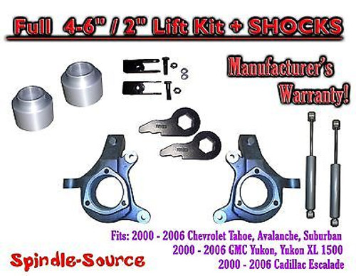 2000 - 2006 Chevrolet GMC 1500 4-6" / 2" Lift Kit Spindles Spacer EXT + SHOCKS