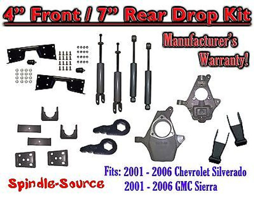 2001 - 2007 Chevy Silverado GMC Sierra 1500 4WD 4" / 7" Drop Kit, Shocks, NOTCH