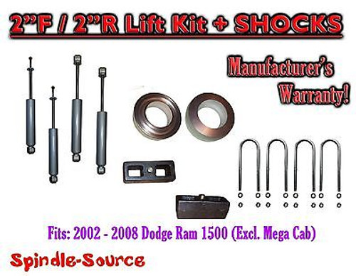 2002 - 2008 Dodge Ram 1500 2WD 2F / 2R inch Coil Spacer Block Lift 2" + SHOCKS