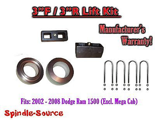 2002 - 2008 Dodge Ram 1500 2WD 3" inch Coil Spacer Block Lift Level Kit 3F / 3R