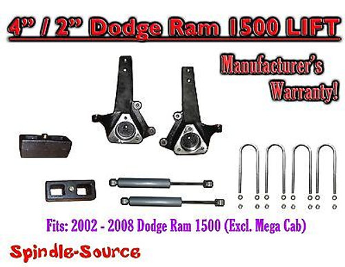 2002 - 2008 Dodge Ram 1500 2WD 4" Front 2" Rear Spindle Lift Kit W/ REAR SHOCKS
