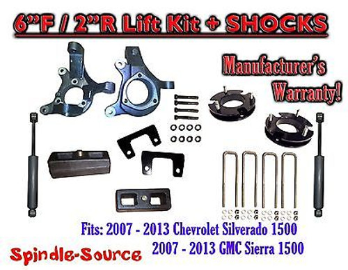 2007 - 13 Chevy Silverado GMC Sierra 1500 6" / 2" Spindle FULL LIFT KIT + SHOCKS