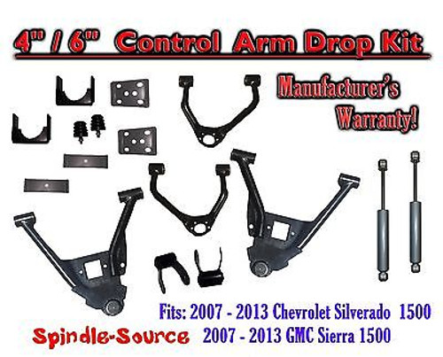 2007 - 13 Chevy Silverado GMC Sierra 4/6" Lowering Drop CONTROL ARMS KIT +SHOCKS