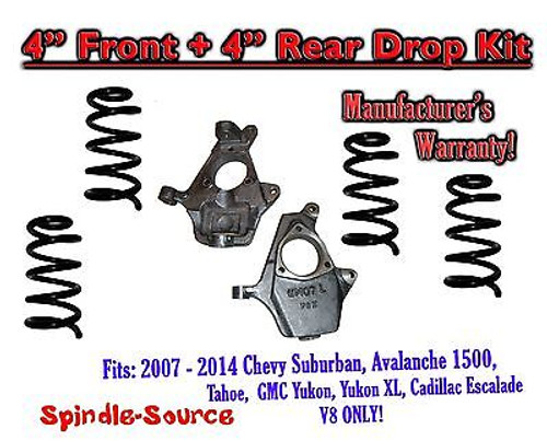 2007 - 14 Drop Lowering Kit Chevrolet GMC 1500 SUV's 4" Front / 4" Rear V8 ONLY