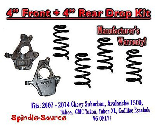 2007 - 14 Drop Lowering Kit Chevrolet GMC 1500 SUV's 4" Front / 4" Rear V6 ONLY