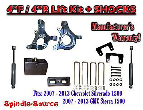 2007 - 2013 Chevy Silverado GMC Sierra 1500 4" / 4" Spindle LIFT KIT + SHOCKS
