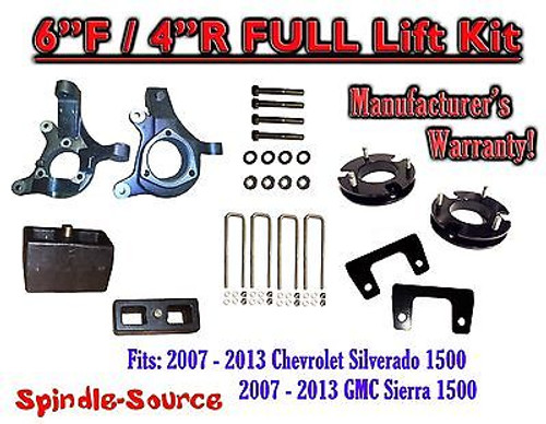 2007 - 2013 Chevy Silverado GMC Sierra 1500 6" / 4" Spindle FULL LIFT KIT 2WD