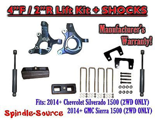 2014+ Chevrolet Silverado GMC Sierra 1500 4" / 2" Spindle LIFT KIT + SHOCKS