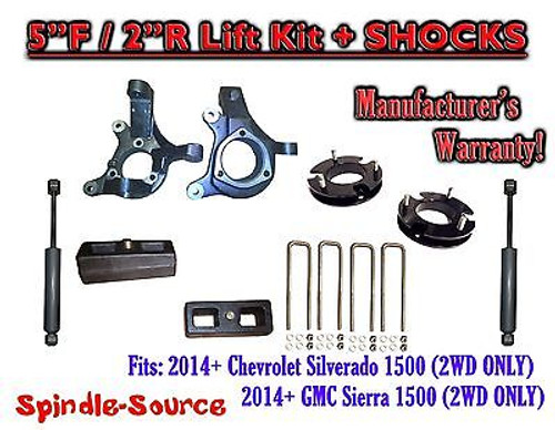 2014+ Chevrolet Silverado GMC Sierra 1500 5" / 2" Spindle LIFT KIT + SHOCKS