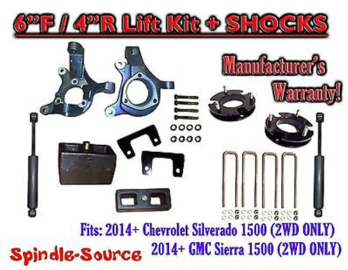 2014+ Chevrolet Silverado GMC Sierra 1500 6" / 4" Spindle LIFT KIT + SHOCKS