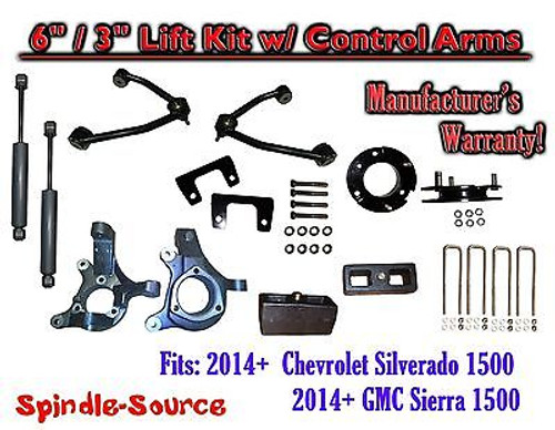 2014+ Chevy Silverado 1500 GMC Sierra 6" / 3" Spindle Lift Control Arms + SHOCKS