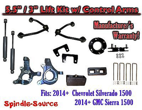 2014+ Chevy Silverado GMC Sierra 5.5" / 3" Spindle Lift Control Arms + SHOCKS