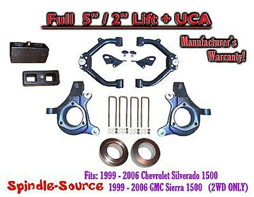 99-07 Chevy Silverado GMC Sierra 1500 FULL Spindle 5" Lift Kit 5" / 2" NBS + UCA