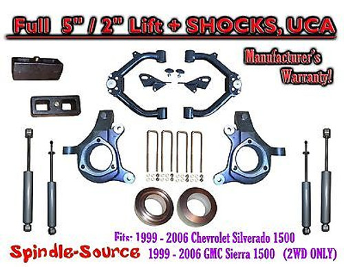 99-07 Chevy Silverado GMC Sierra 1500 Spindle 5" Lift Kit 5" / 2" + SHOCKS + UCA