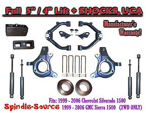 99-07 Chevy Silverado GMC Sierra 1500 Spindle 5" Lift Kit 5" / 4" + SHOCKS + UCA