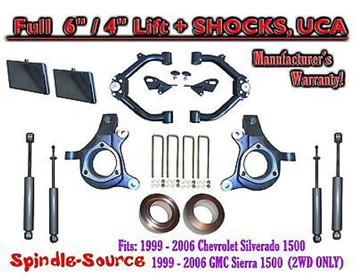 99-07 Chevy Silverado GMC Sierra 1500 Spindle Lift Kit 6" / 4" Off+ SHOCKS + UCA