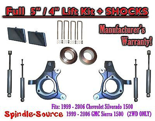 99-07 Chevy Silverado GMC Sierra 1500 Spindle Lift Kit 5" / 4" Offset + SHOCKS