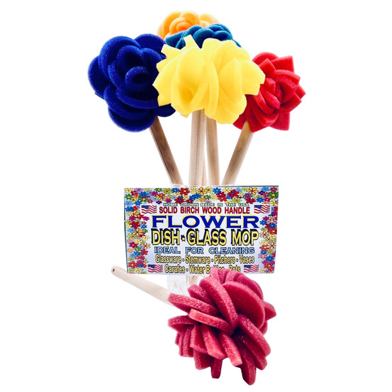 Cabbage Rose Foam Dish Mops with Solid Birch Wood Handles – Set of 6 Assorted  Colors