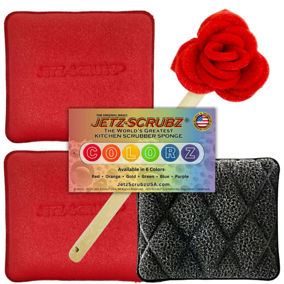 Jetz-Scrubz® COLORZ Rectangle Scrubber Sponge & Flower Dish Mop 4pc Set - Red