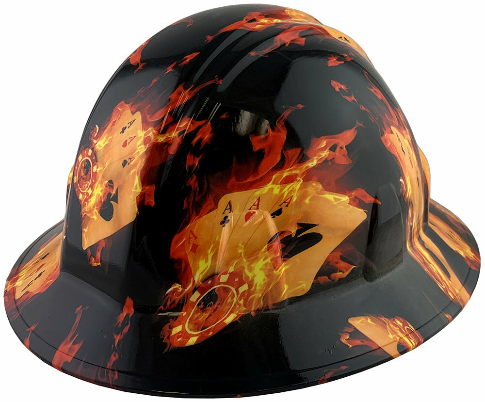 Flaming Aces Design Full Brim Hydro Dipped Hard Hats Ratchet Suspension
