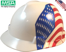 MSA V-Gard with Dual American Flag Safety Hardhats ~ Oblique View