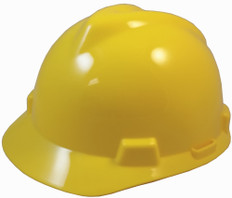 MSA V-Gard Cap Style Safety Hardhats with Fas-Trac III Liners - Yellow ~ Oblique View