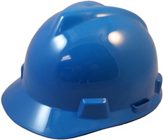  MSA V-Gard Cap Style Safety Hardhats with Staz-On Liners - Blue ~ Oblique View