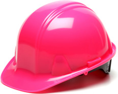 Pyramex 4 Point Cap Style Safety Hardhats with RATCHET Liners - Hi Viz Pink ~ Oblique View