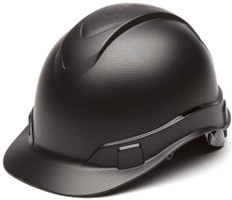Pyramex RIDGELINE Cap Style Safety Hardhats with 6 Point RATCHET Liners - Black Graphite Pattern~ Oblique View
