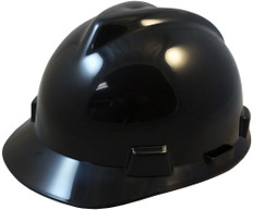 MSA V-Gard Cap Style Safety Hardhats with Fas-Trac III Liners - Black ~ Oblique View