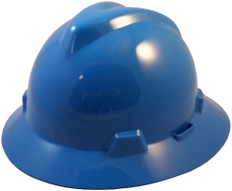 MSA  V-Gard Full Brim Safety Hardhats with Fas-Trac III Liners - Blue ~ Oblique View