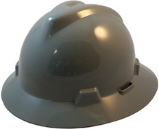 MSA V-Gard Full Brim Safety Hardhats with Fas-Trac III Liners - Gray ~ Oblique View