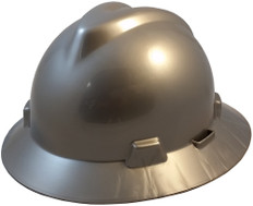 MSA V-Gard Full Brim Safety Hardhats with One-Touch Liners - Silver ~ Oblique View