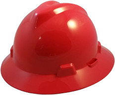 MSA V-Gard Full Brim Safety Hardhats with One-Touch Liners - Red ~ Oblique View