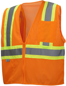 Pyramex Self Extinguishing Mesh ANSI Class 2 Work Vests - Orange with Contrasting Stripes~ Front View