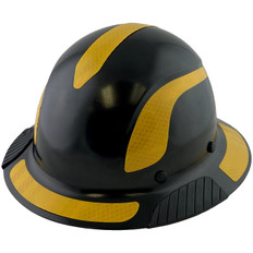 Lift Safety Composite Hardhats - Full Brim Black with Reflective Yellow Decal Kit Applied ~ Oblique View