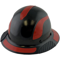 DAX Fiberglass Composite Hard Hat - Full Brim Black with Reflective Red Decal Kit Applied ~ Oblique View