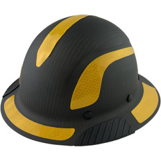 Lift Safety Carbon Fiber Shell Full Brim Hardhat - Matte Black w/ Reflective Yellow Decal Kit Applied ~ Oblique View