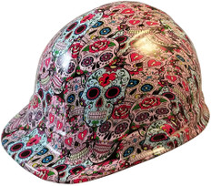 Sugar Skulls Hydro Dipped Hard Hats, Cap Style Design - Ratchet Liner ~ Oblique View

