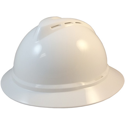 MSA Advance Full Brim Vented Hard Hats with Ratchet Suspensions White ~ Oblique View