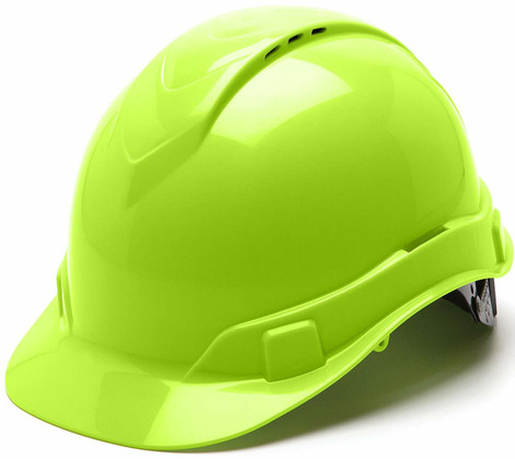 Pyramex #HP44131V Ridgeline Vented Cap Style Safety Hardhats with 4 Point RATCHET Liners - Hi Viz Lime Oblique