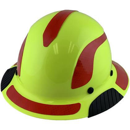 Lift Safety Composite Hardhats - Full Brim High-Viz Lime with Reflective Red Decal Kit Applied ~ Oblique View