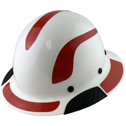 Actual Carbon Fiber Hard Hat - Full Brim White with Reflective Red Decal Kit Applied~ Oblique View