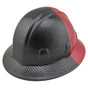 50-50 Red and  Black Carbon Fiber Design Full Brim Hydro Dipped Hard Hats
Left Side Oblique View