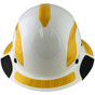 Lift Safety Actual Carbon Fiber Shell Full Brim Hardhat - Glossy White with Reflective Yellow Decal Kit Applied ~ Front View