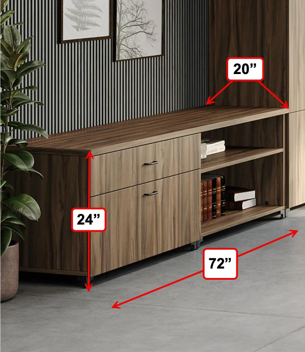 Right Angle 72x20 Low Wall Cabinet with Open Shelf and Drawer Kit